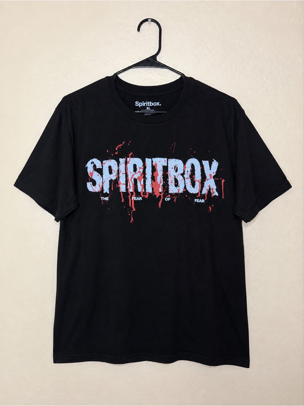Spiritbox Black Tee with Light Blue Logo and Red Splatter